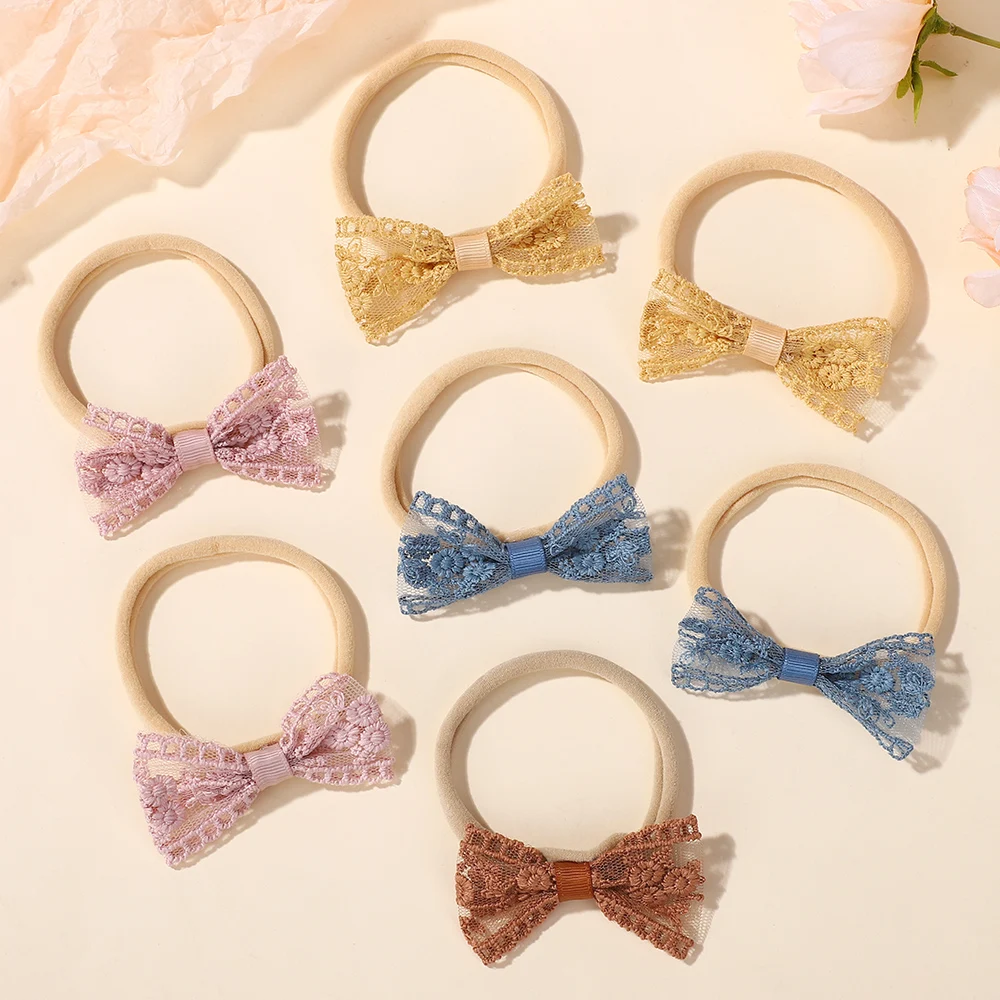 20Pcs 무작위 컬러 달콤한 원사 bowknot 헤어 밴드  소녀 탄성 나일론 수 놓은 인쇄 머리띠 캐주얼  머리 장식