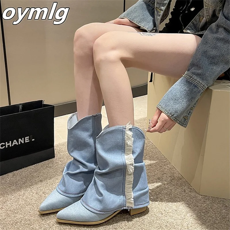 

2023 New Pointed Thick Heels Stacked Trouser Boots with Tassel Retro Short Boots