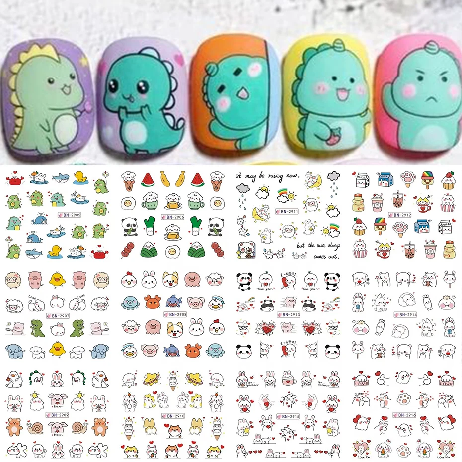 Nail Sticker Set Cartoon Dinosaur Water Decal Nail Art Panda Rabbit Puppy Animal Slider for Decoration Foils Tattoo 12 pcs nail stickers nail art decoration nail decals nail art tools