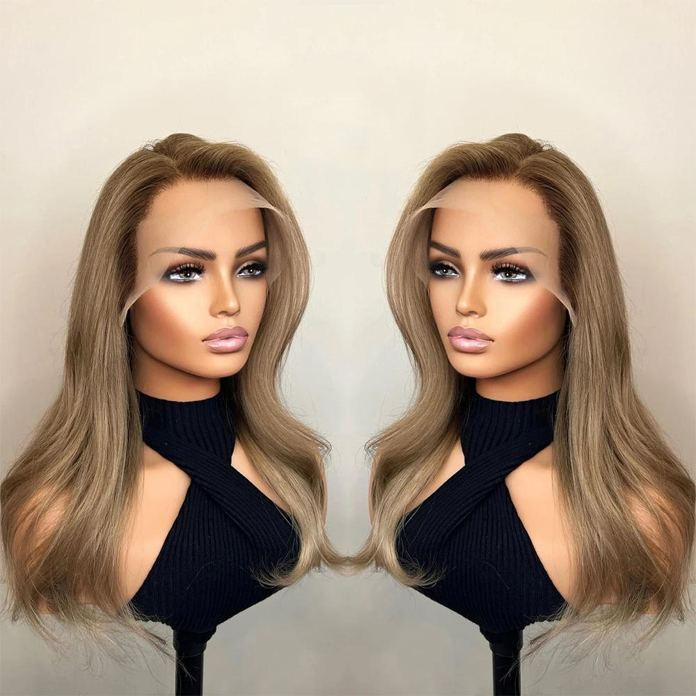 

100% Human Hair Wigs Light Brown Blonde Slight Wavy Full Lace Wigs Dark Roots HD 13X6 Glueless Lace Frontal Wig for Women