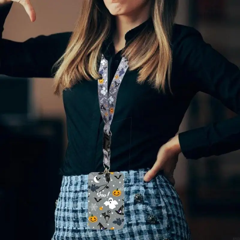 B9HD 호박 배지 끈 끈 스트랩 버스 카드 케이스 할로윈 끈 카드 홀더