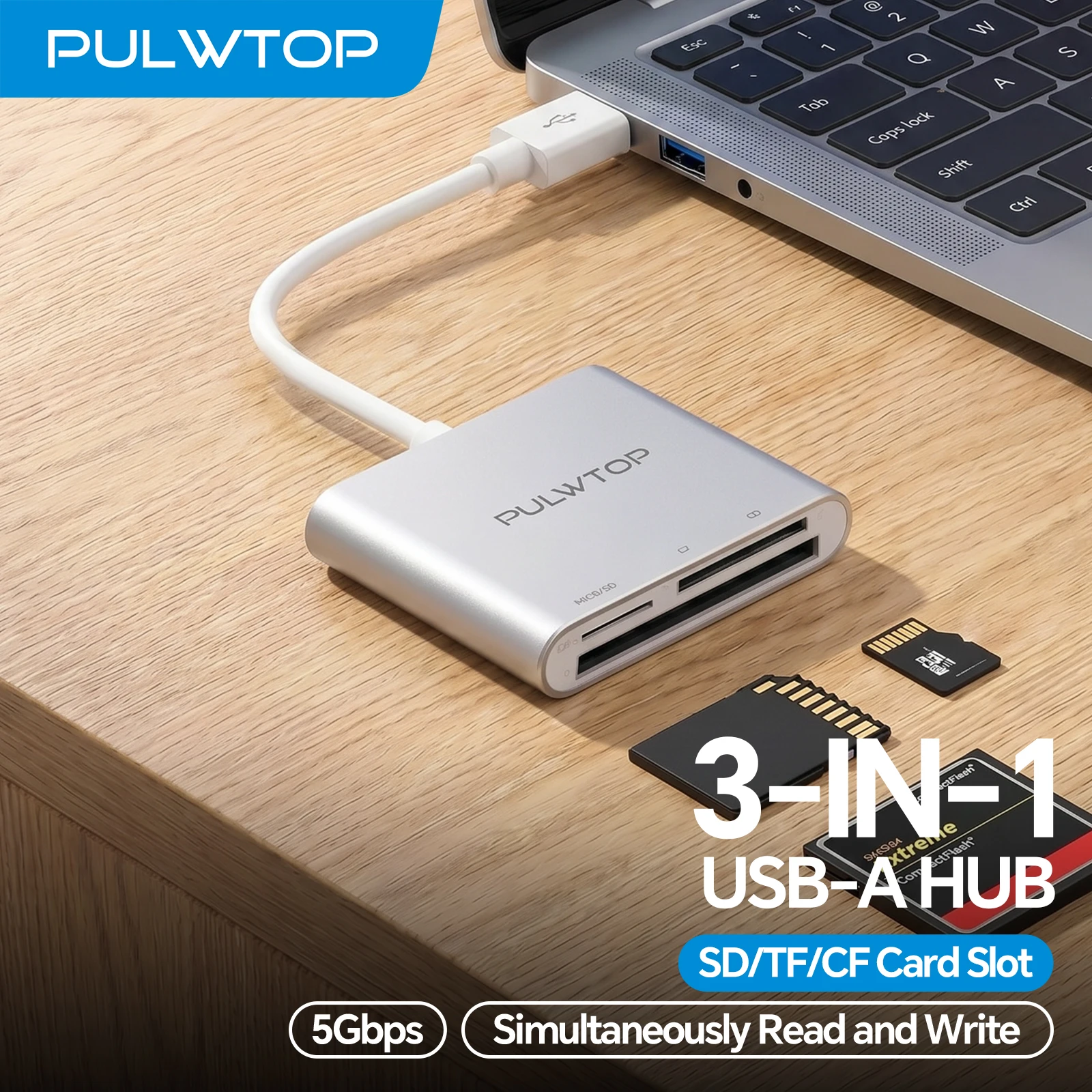 Leitor de Cartão PULWTOP 3 em 1 USB-A para SD/MicroSD/CF para CompactFlash, SD e MicroSD para tablet, laptop e mais