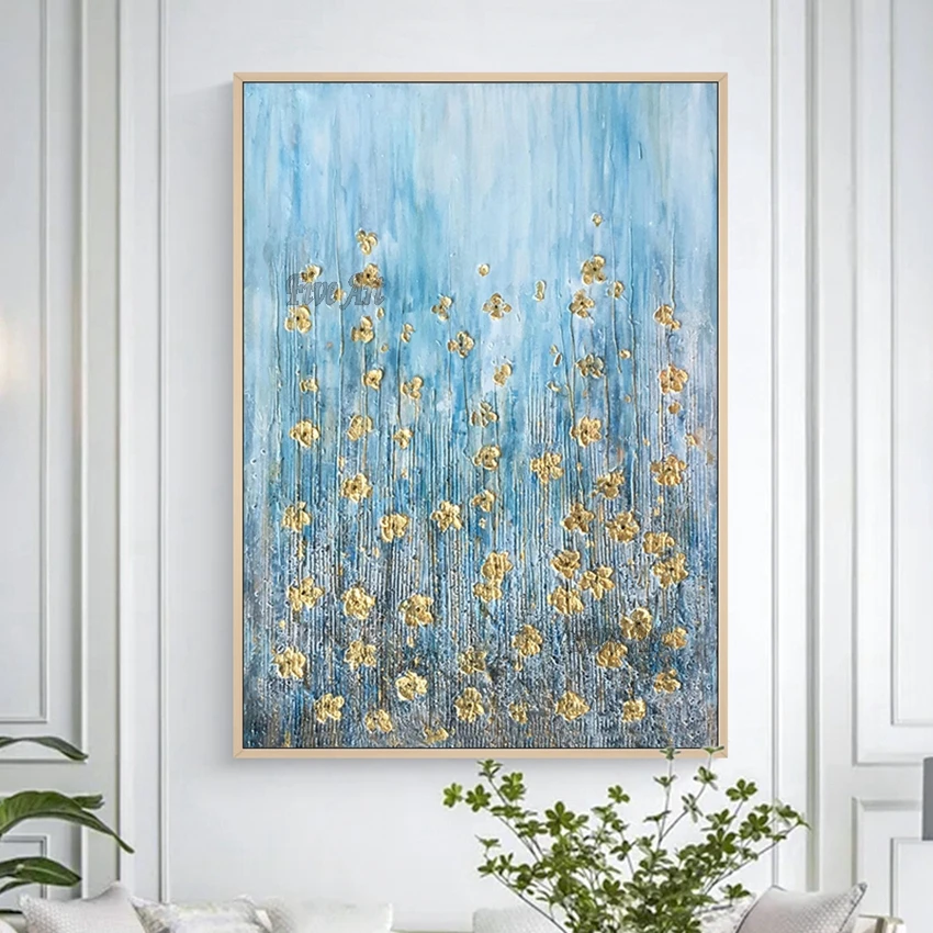 

Living Room Wall Decor Art Gold Foil Flower Texture Modern Abstract Acrylic Oil Painting Frameless Home Decoration Products