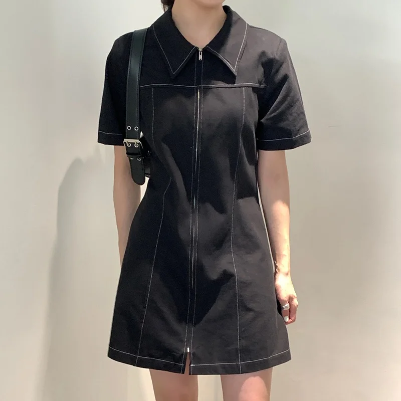 

Polo Collar Dress for Small Man, Zip-up, One Piece Dress, Korean Style, Chic Temperament, Slim Fit, Little Short Dress