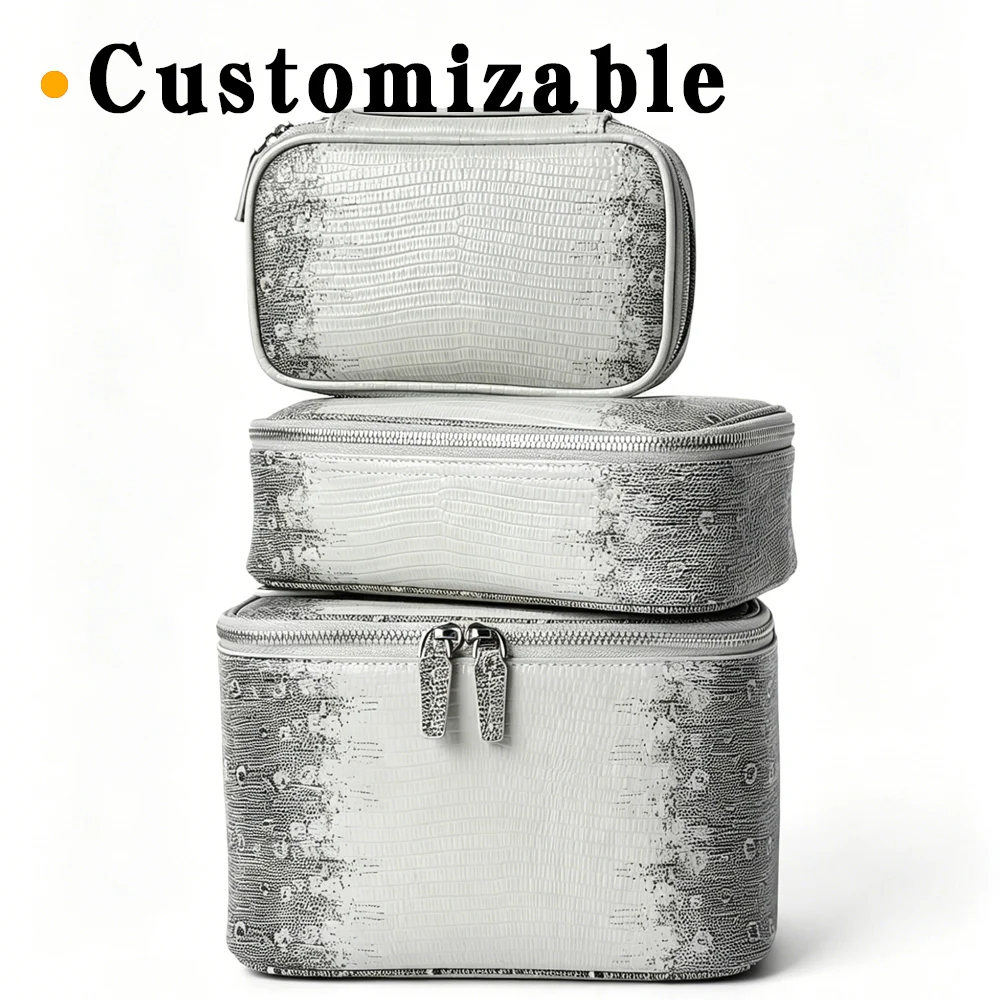 Ladies Lizard Grain Cowhide Leather Case Himalayan Shade Makeup Toiletry Travel Daily Durable Lightweight Zippered Makeup Bag 4