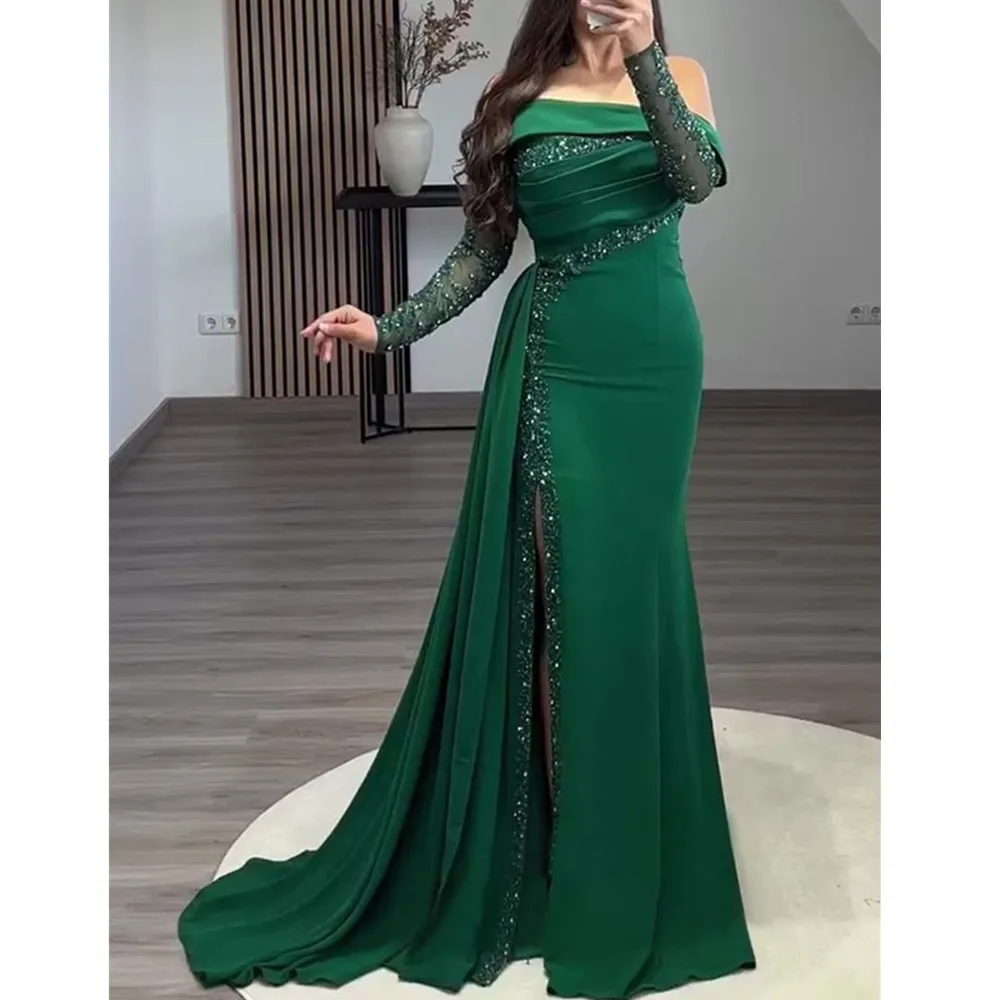 

Sheath Column Evening Gown Elegant Dress Formal Prom Floor Length Long Sleeve Off Shoulder with Ruched Sequin YD