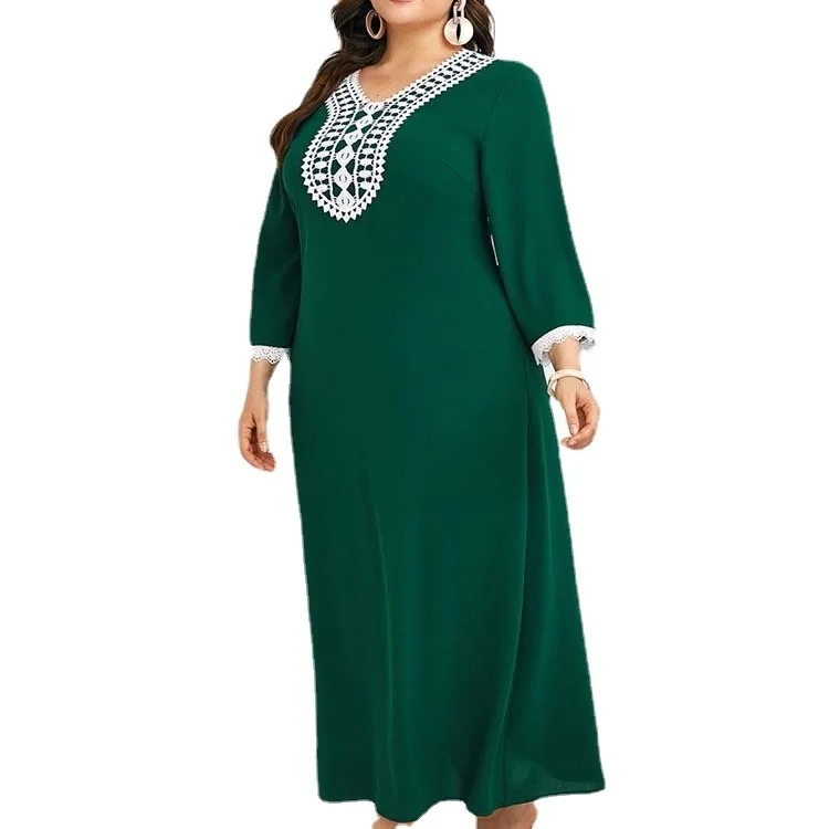 New Temperament Round Neck Middle Waist Color Contrast Large Women's Dress Color Contrast Fashion Elegant Ladies Muslim Dress