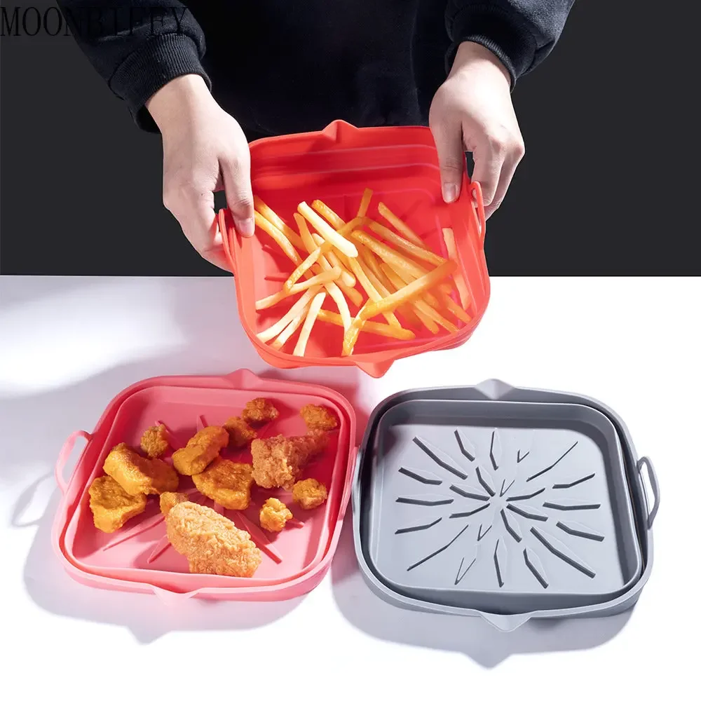 1pcs Foldable Air Fryer Silicone Liners Baking Pan Reusable Square Fried Chicken Fries Airfryer Tray Pot Grill Mat Easy To Clean