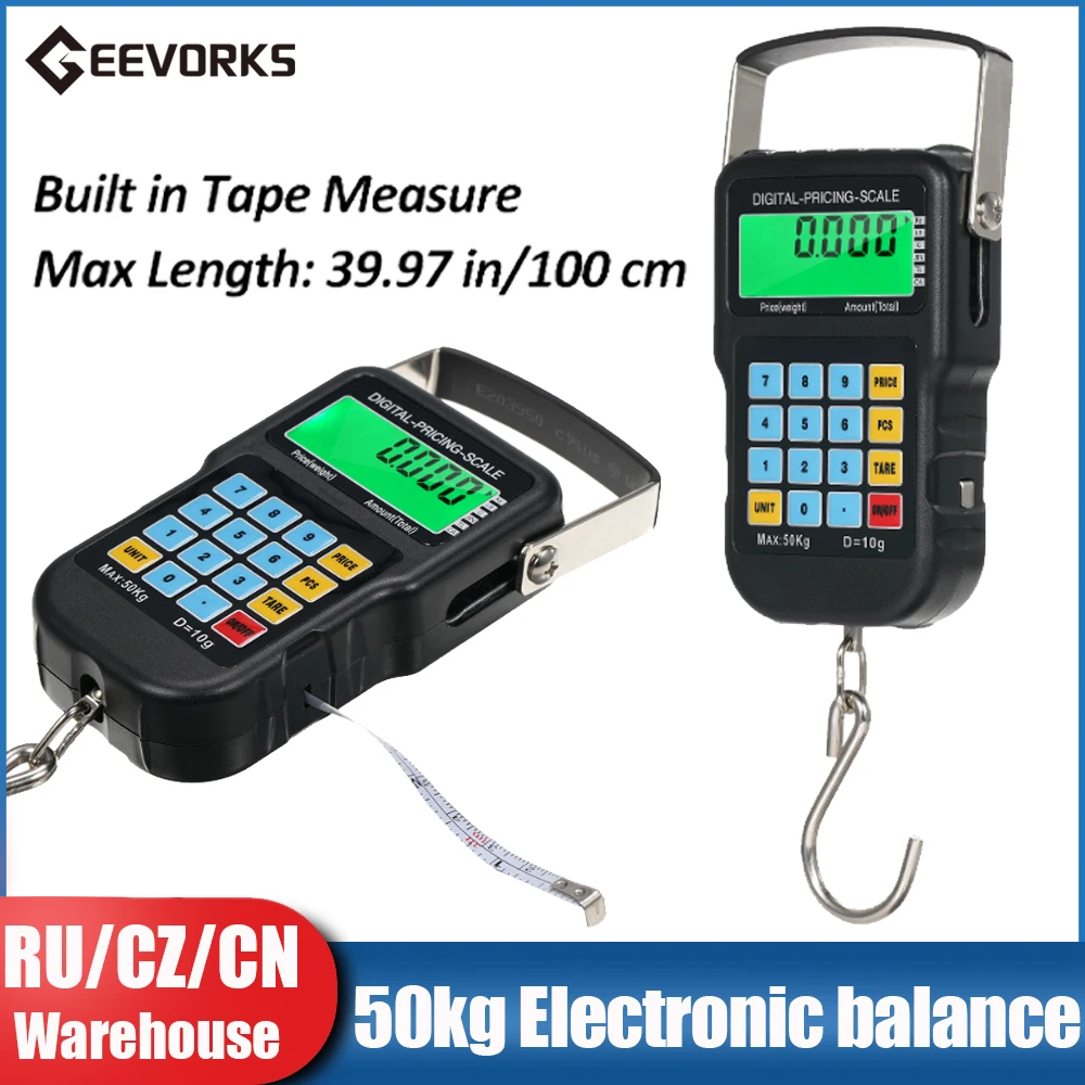 110lb/50kg Fish Scales Backlit LCD Portable Electronic Hook Digital Fishing Scale Hanging Scale with Measuring Tape Ruler
