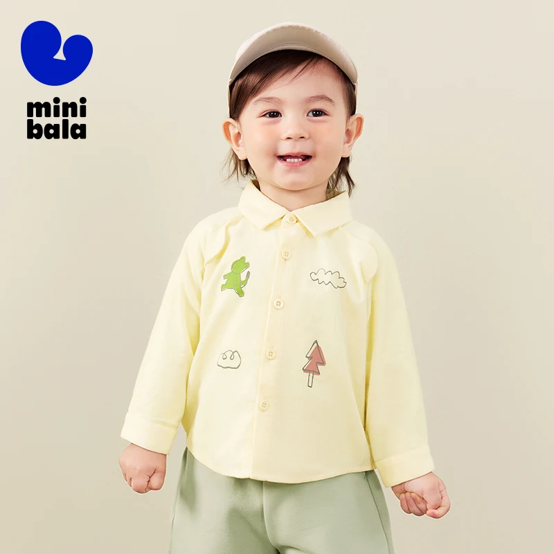 Mini Bala Boys' Loose and Fashionable Autumn New Product Skin-Friendly Long Sleeve Shirt.