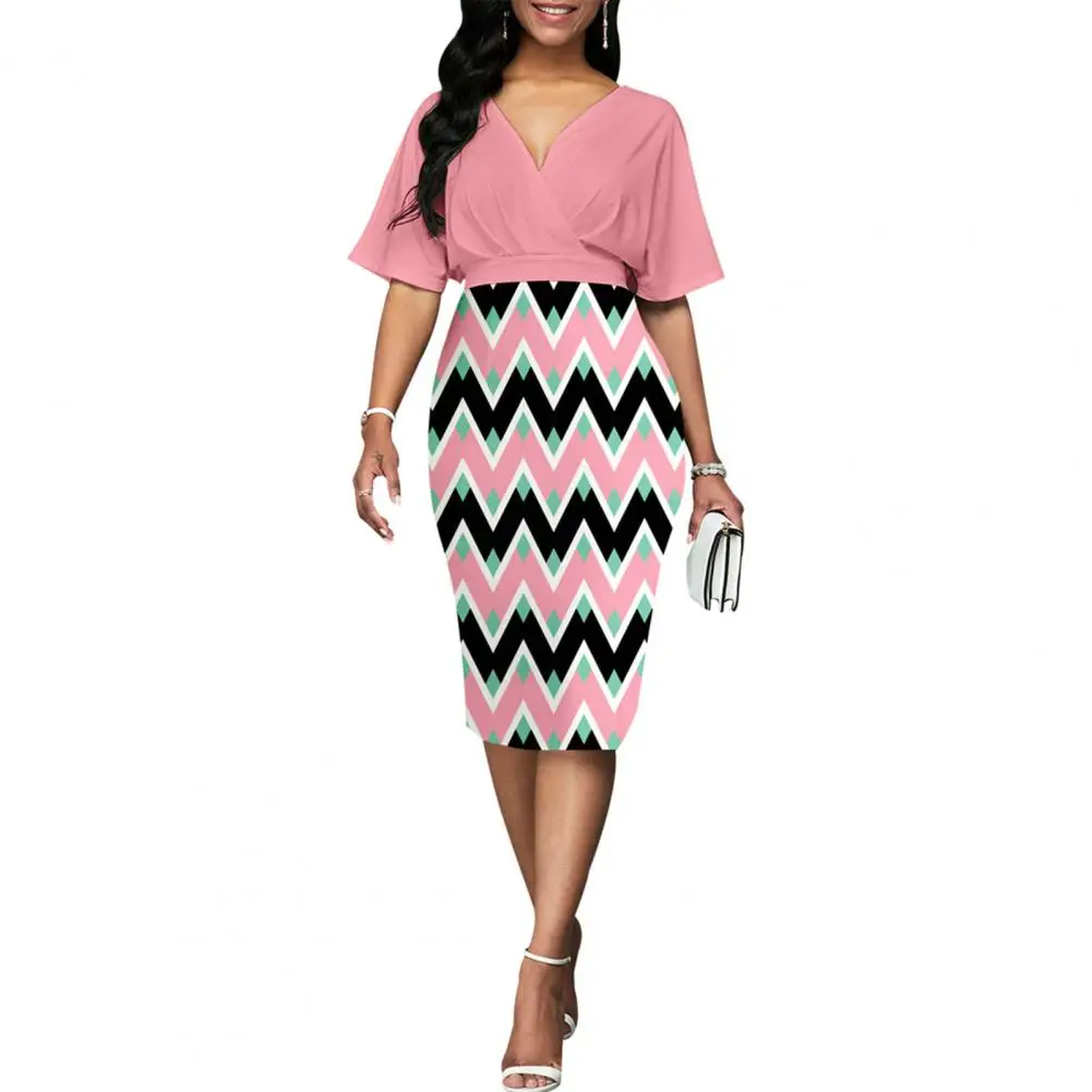 

Elegant Women Dress Printed V-Neck Hip-hugging Silhouette Office Lady Women's Autumn Dress
