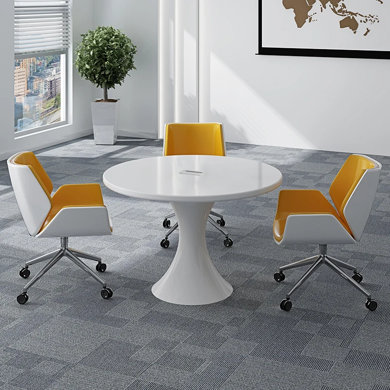 Round painted negotiation table for 3 people, simple modern white small reception conference table and chair combination office furniture staff office desk and chair screen 6 people 4 people simple and modern