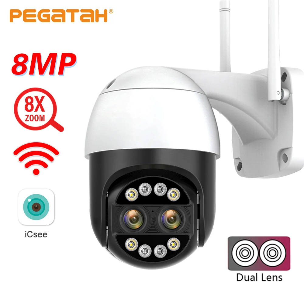 PEGATAH 8MP 4K PTZ IP Camera 8x Zoom 2.8+12mm Dual Lens Outdoor Night