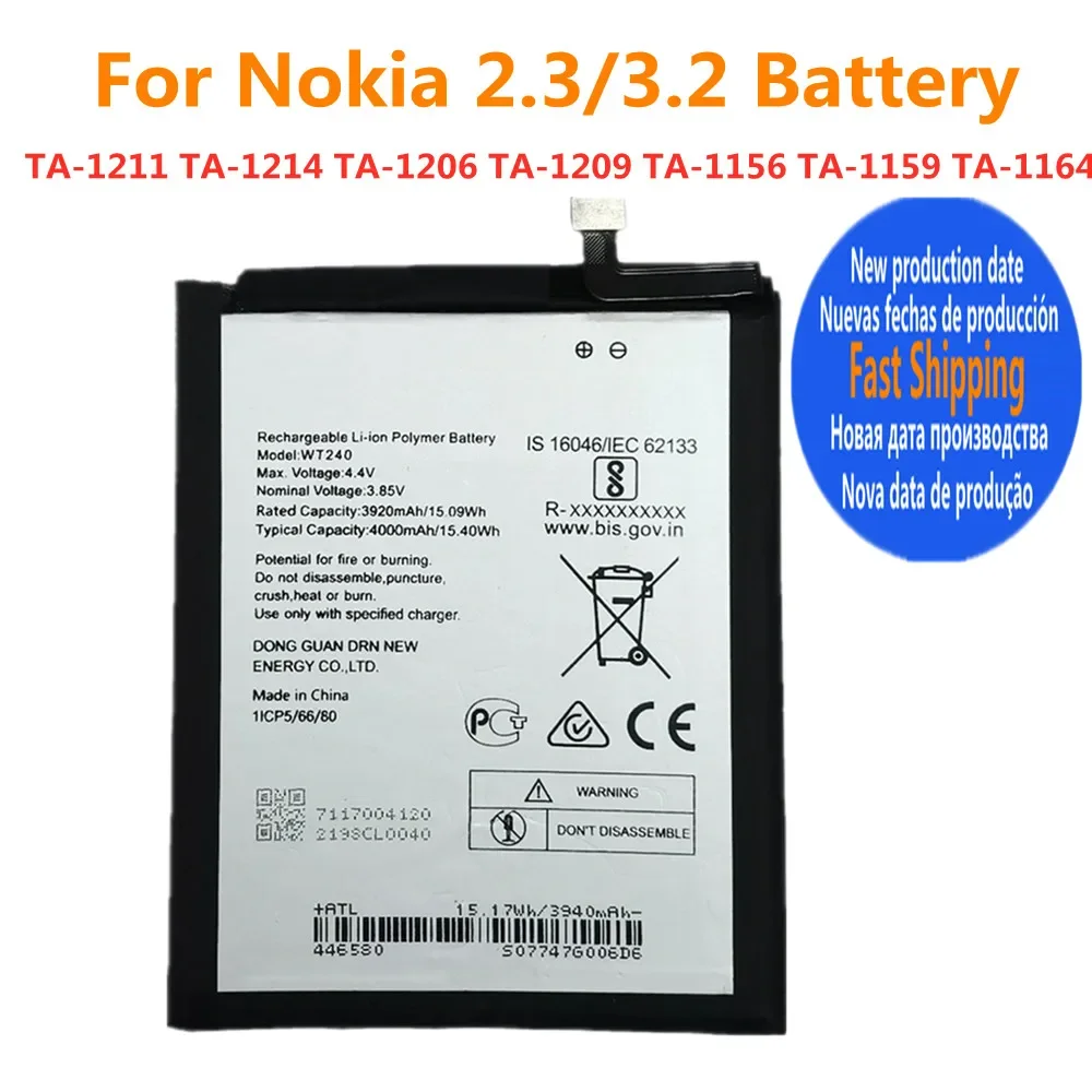 

WT240 оригинальный высококачественный аккумулятор для Nokia 3,2 2,3 TA-1156 TA-1159 TA-1164 TA-1211 TA-1214 TA-1209 TA-4000 аккумулятор для телефона мАч