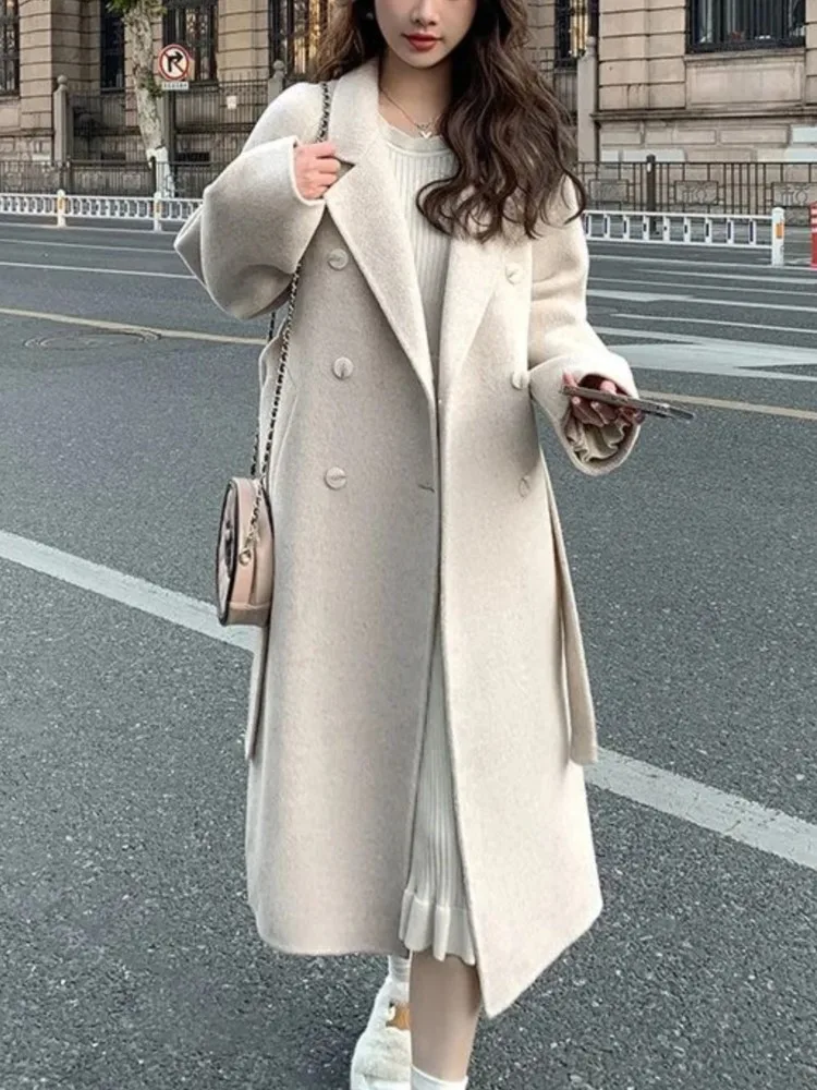 Korean Fashion Women Casual Loose Woolen Coat Elegant and Chic Solid Outerwear Long Overcoat with Belted