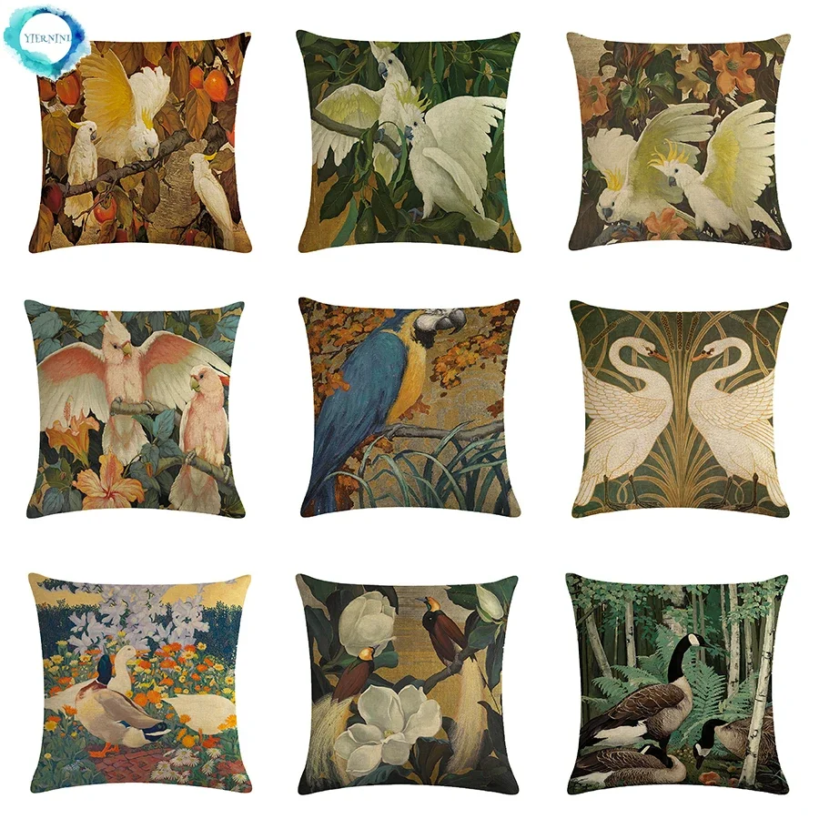 

Oil Painting Bird Cotton Linen Cushion Cover Parrot Swan Floral Decorative Pillowcase for Sofa Chair Home Decor 45X45CM