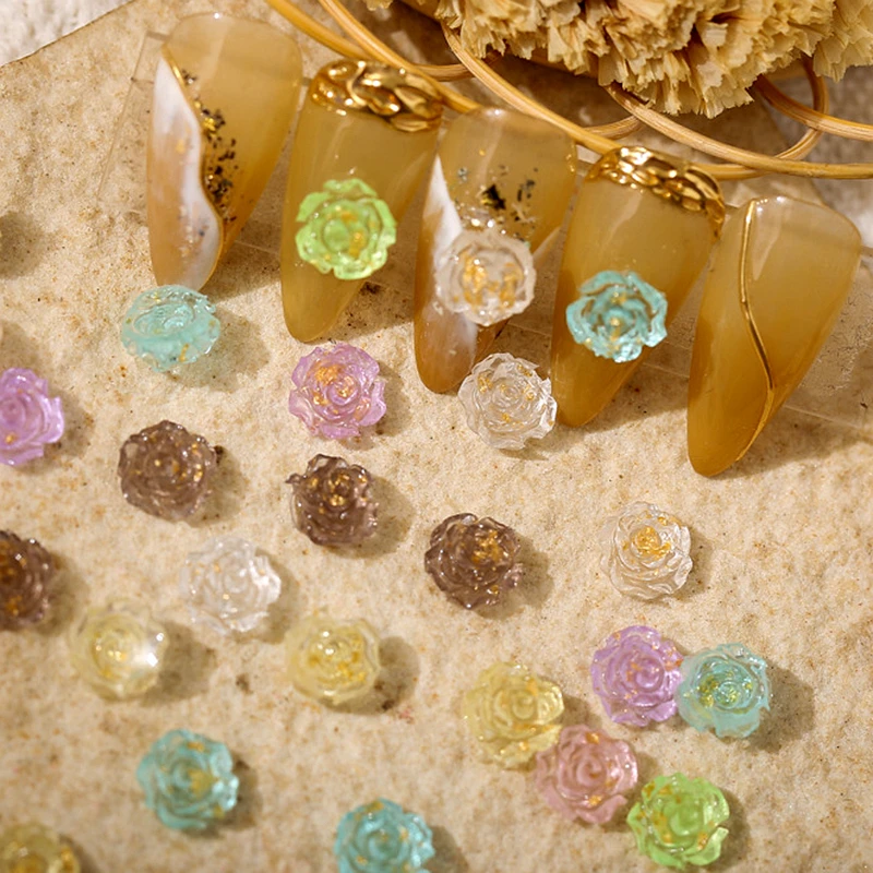 

50PCS 8MM Gilded Rose Flower Nail Art Charms 3D Resin Gold Foil Camellia Manicure Decorations Accessories Nail Supplies Material