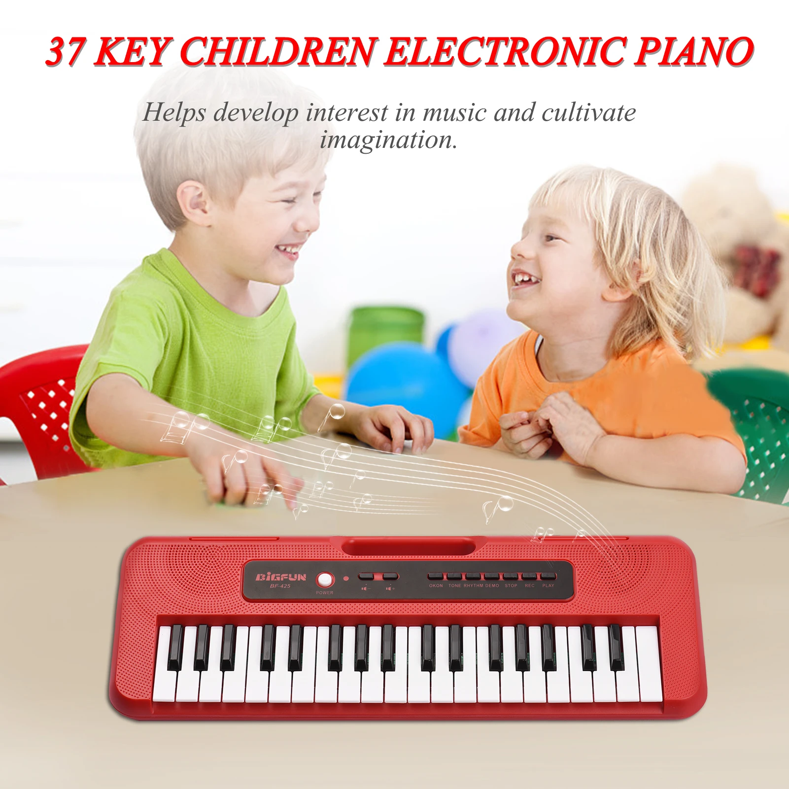 BIGFUN 37 Key Children Electronic Piano with Mini Microphone Preset 10 Demos Supports Recording Headphone/ Aux in Jack Portable