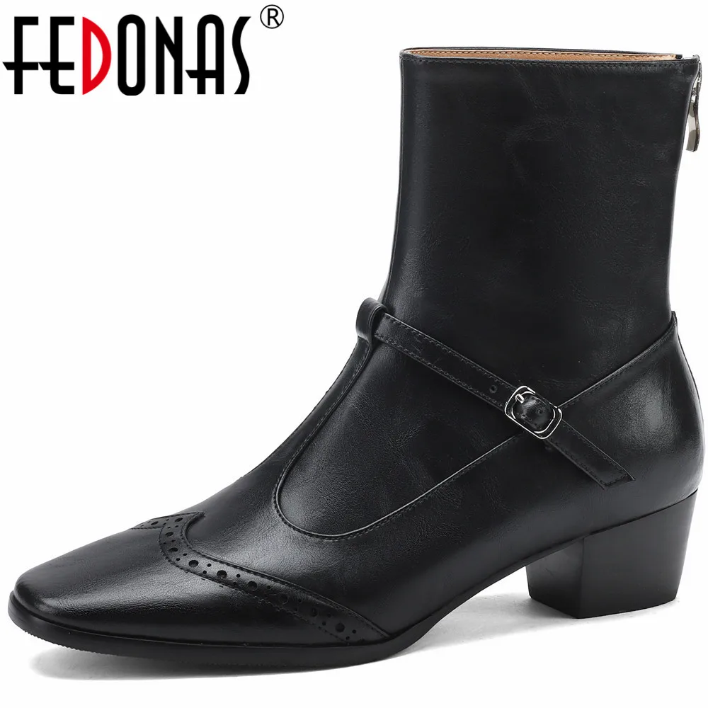 

FEDONAS Retro Style Women Ankle Boots Thick Heels Genuine Leather Shoes Woman Back Zipper Casual Office Working Autumn Winter