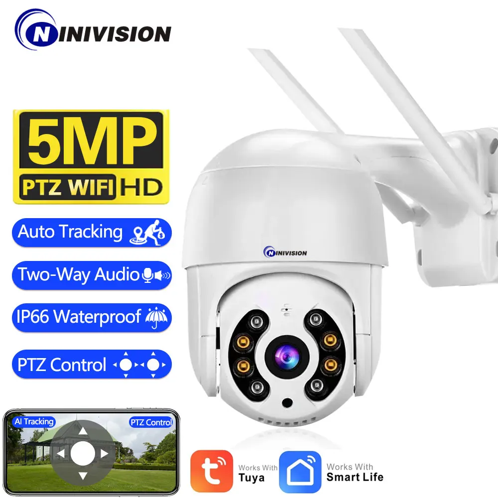 Tuya 5Mp Wifi Camera Outdoor Home Night Fullcolor Wireless Security Alarm Camera Motion Detection Auto Tracking Telecamera Ptz