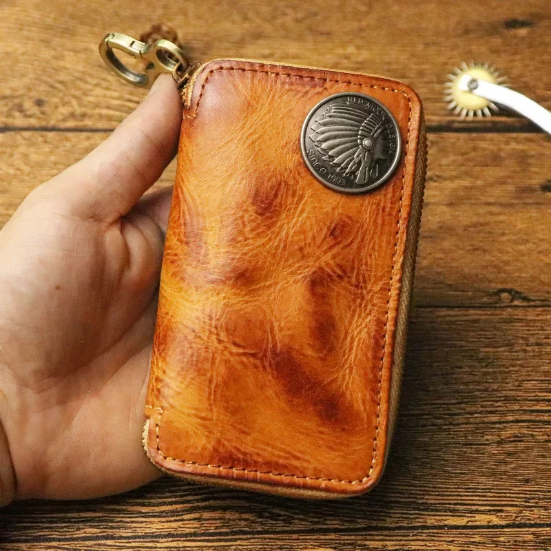 

Luxury High Quality Original Leather Men Key Holder Organizer Pouch Wallet Retro Housekeeper Key Case Men's Waist Zipper Key Bag