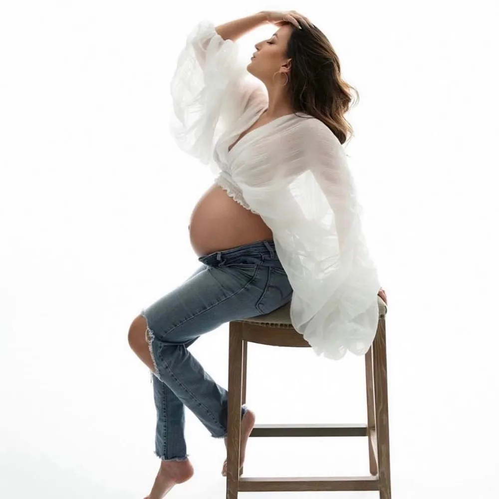Summer Shirt Big Lantern Sleeve Chiffon Maternity Tops V-neck Stretchy Chiffon Summer Maternity Photography Shirts Pregnancy Photoshoot Top