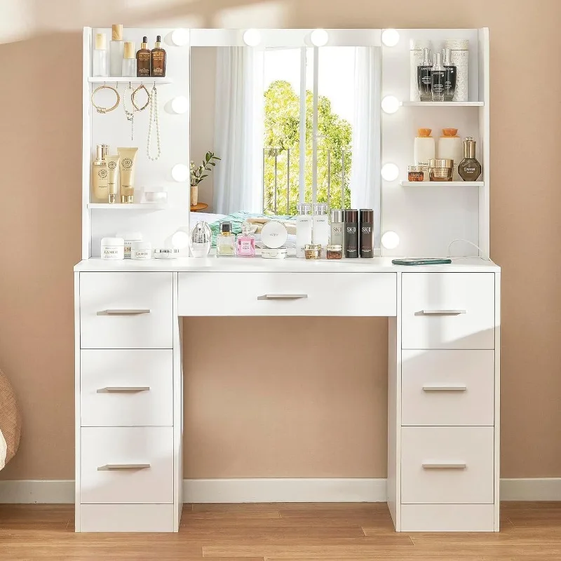 

Large Vanity Desk with LED Lighted Mirror & Power Outlet,Makeup Vanity Table with 7 Drawers,4 Shelves and 5 Hooks,Vanity Table