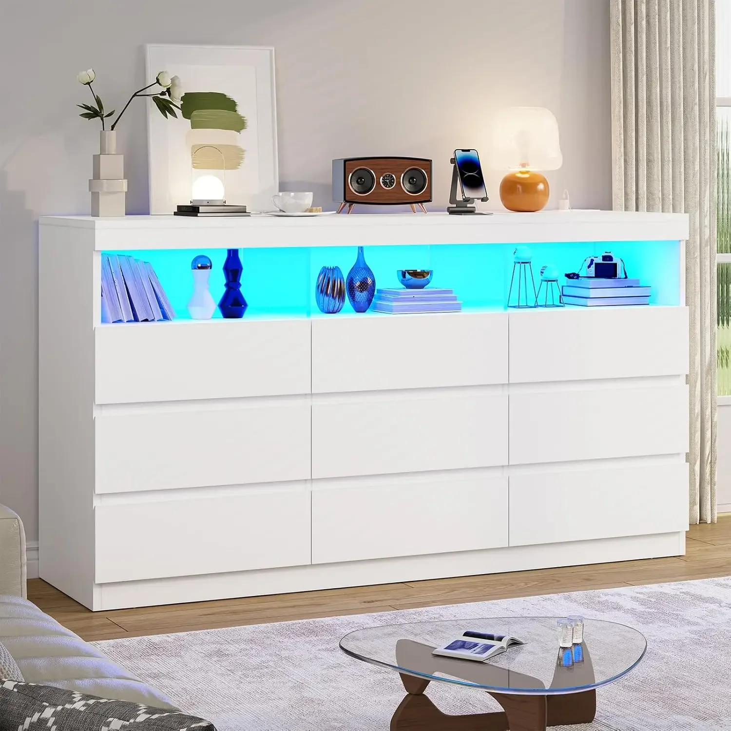 9 Drawer Dresser for Bedroom with LED Lights, Large Chest of Drawers Handle Free, Modern long Dressers with Charging Station 2
