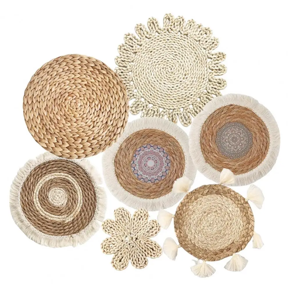 7Pcs/Set Bohemian Straw Woven Wall Decoration Home Living Room Background Wall Art Pendant Rustic Natural Wicker Weave Ornament 3