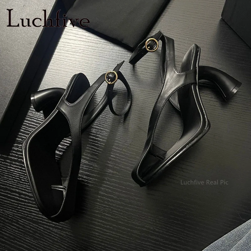 2024 Summer New Genuine Leather Strange Heels Shoes for Women Square Buckle Strap Pumps Brand Sexy Party Shoes Mujer
