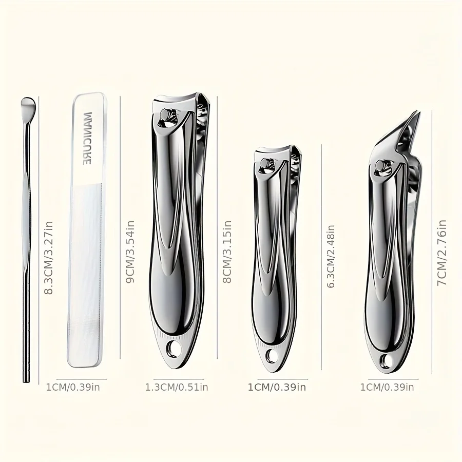 5-in-1 Professional Stainless Steel Nail Clipper Kit, Concave Blade Edge, Oblique Clippers, Nail File