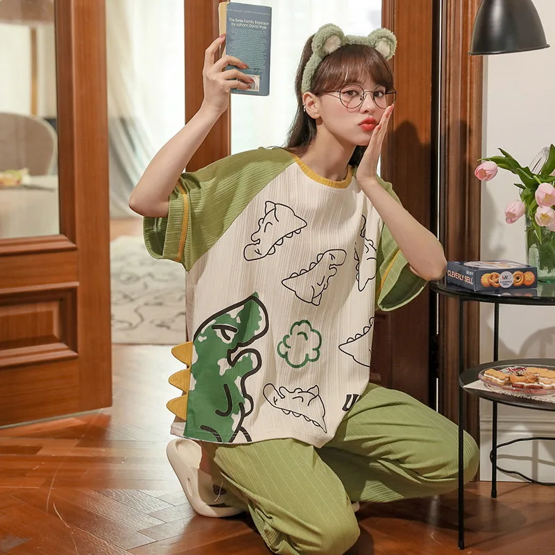 

Loose Plus Size 2 Piece Set Women 2XL 3XL Summer Short Sleeve Long Pants Pajamas for Woman Cartoon Sleepwear Girl Cotton Pijamas