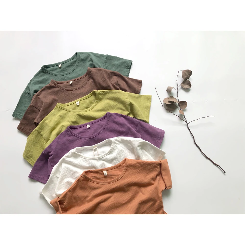 2025 Children Summer Outfits T-shirt Clothes Solid Cotton Breathable Short Sleeve Teens Top For 2-7T Toddler Kids Korean Style 4