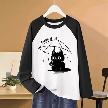 Women's Casual Long Sleeve T Shirt with With Cute Cartoon Cat Print All Seasons Tshirt Graphic T-Shirt Women's Vintage Tees Tops 1