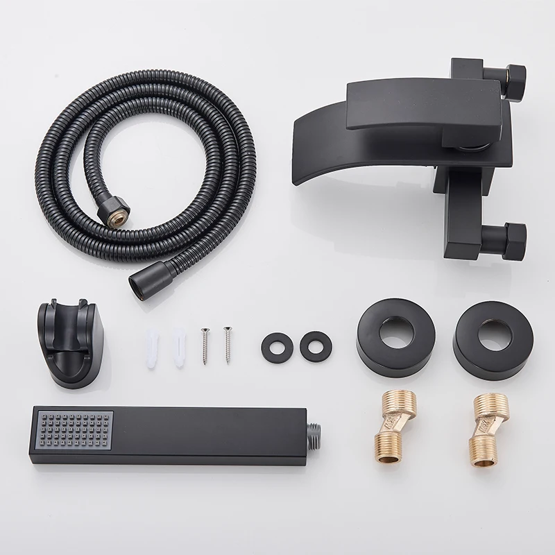 Black Bathroom Faucet Waterfall Concealed Bathtub Faucets Wall Mounted Shower System Tub Tap With Plastic Hand 5