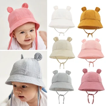 Spring Summer New Cute Bear Ear Baby Bucket Hat Newborn Toddler Boy Girl Sun Hat Solid Color Soft Cotton Beach Panama Cap Kids 1
