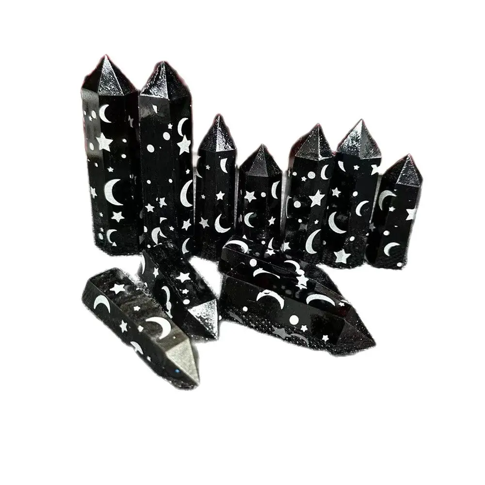 

Carved Star Moon Rune Obsidian Wand Point Natural Crystal Stone Tower Polished Healing Reiki Feng Shui Decor Home