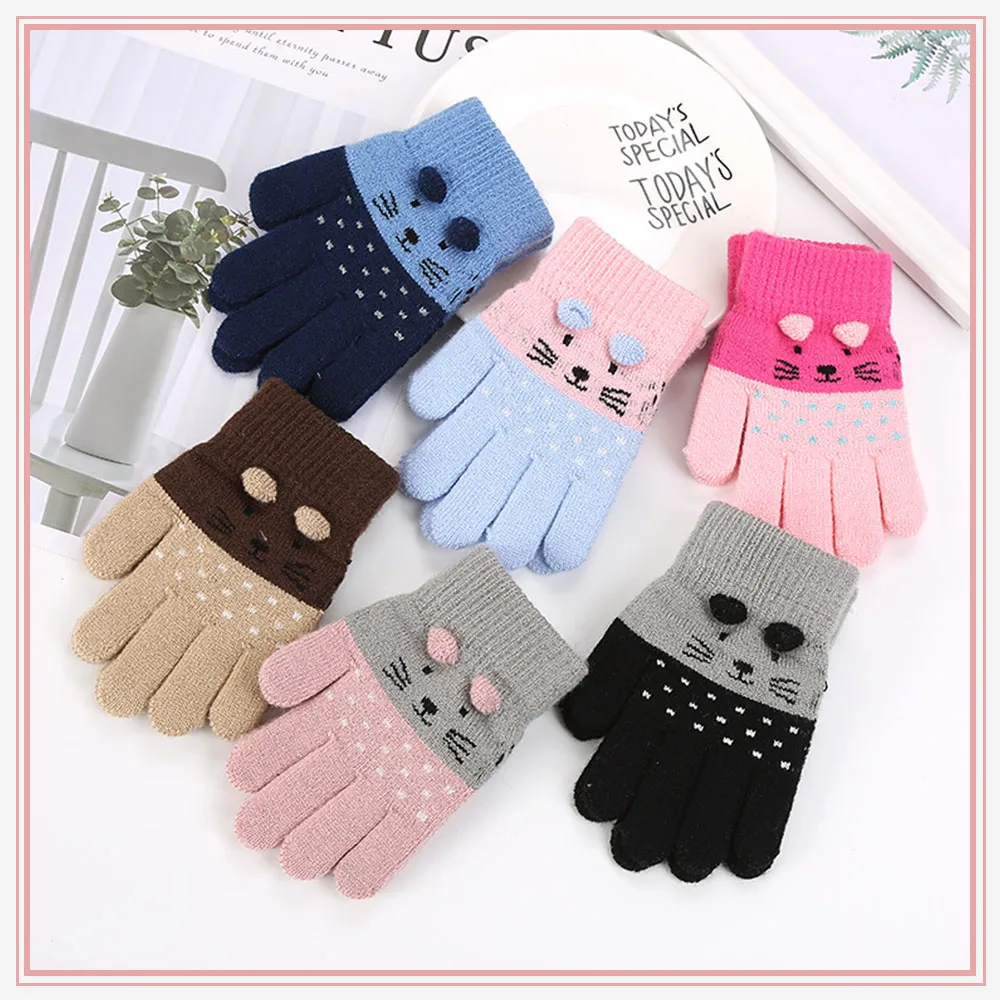 Winter Cute 3-7 Years Cat Baby Mittens Knitted Children Boys Girls Cartoon Animal Kids Gloves Warm Gloves Kids Winter Gloves