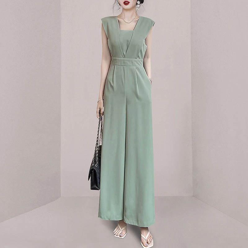 

Summer Womens Sleeveless Rompers Casual Office Jumpsuit Loose Korean Style Wide Leg Pants Loose Pocket Overalls Playsuits