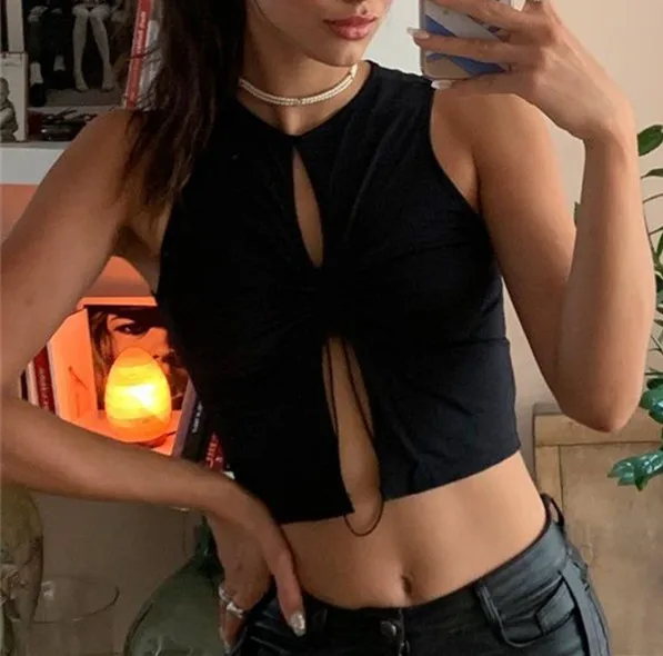 

sexy slim crop tops for women hollow tie up cropped femme tops sleeveless tank vest