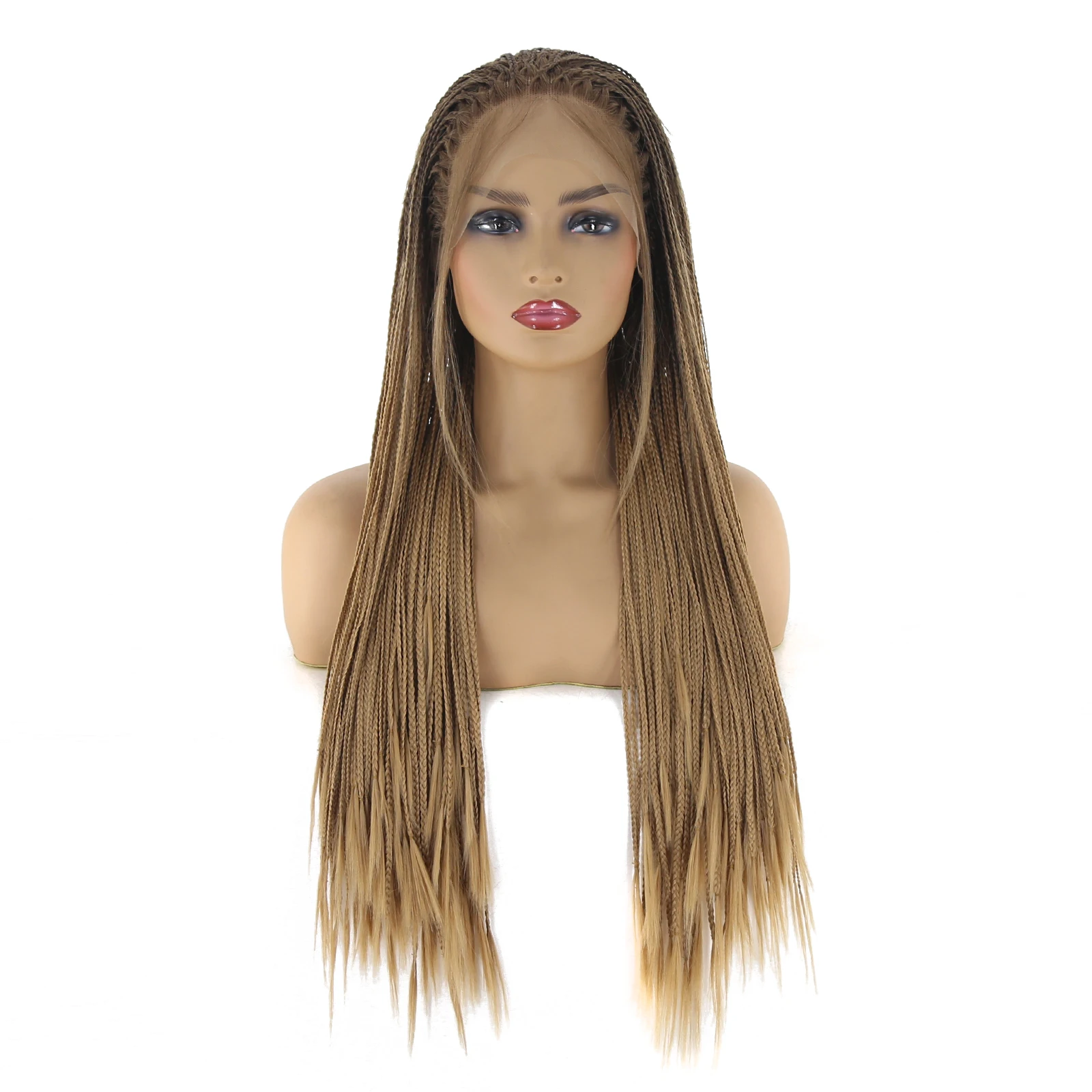 Thiswig Micro Braided Wigs for Black Women 2Tone Brown Ombre Honey Blonde African American Box Braided Synthetic Lace Front Wig
