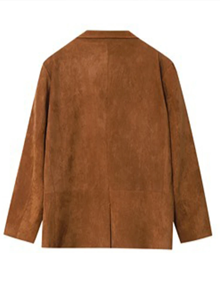 Casual Suede Long Sleeve Jackets Women Autumn Loose Brown Lapel Coat Top With Pockets Female Elegant Chic Street New in Outwear