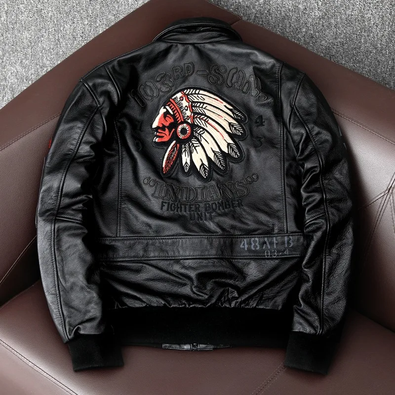 Embroidery Flying Suit Natural Genuine Leather Coat Men Cowhide Leather Motorcycle Jackets Slim Fashion Clothing 2023 New Jacket