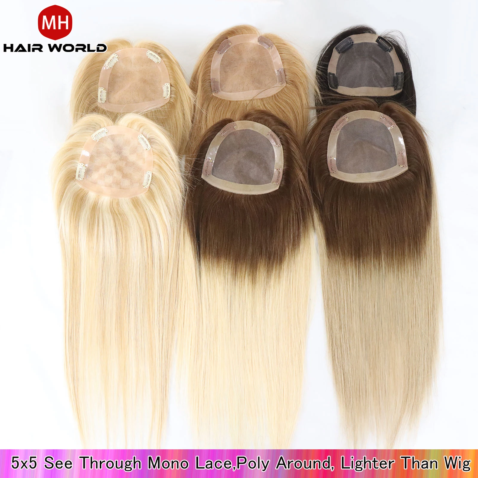 

16" European Silky Human Hair Clip On Topper Hairpins Piano Ombre Blonde Hairpiece For White Women Cover 5x5inch Mono Top