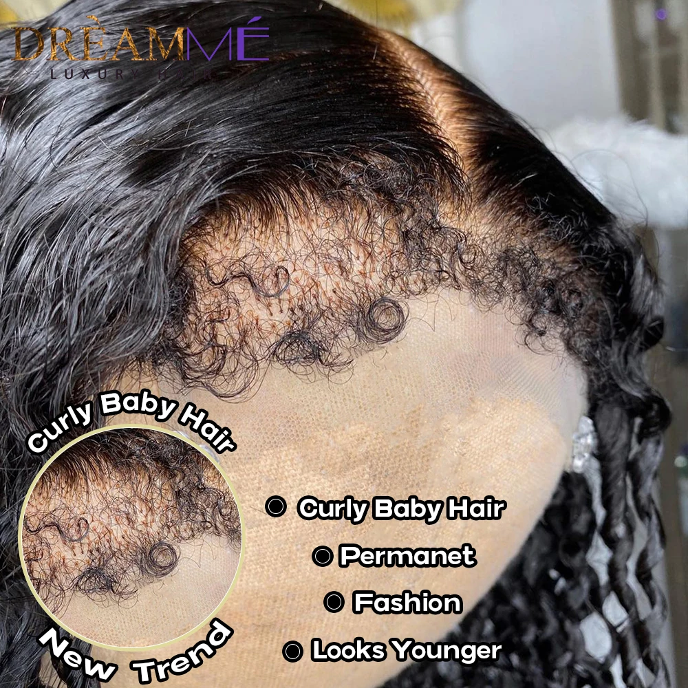 180% Deep Water Wave Curly Baby Hair Lace Wig Kinky Edges Lace Front Wig Human Hair PrePlucked 13x6 Transparent Frontal