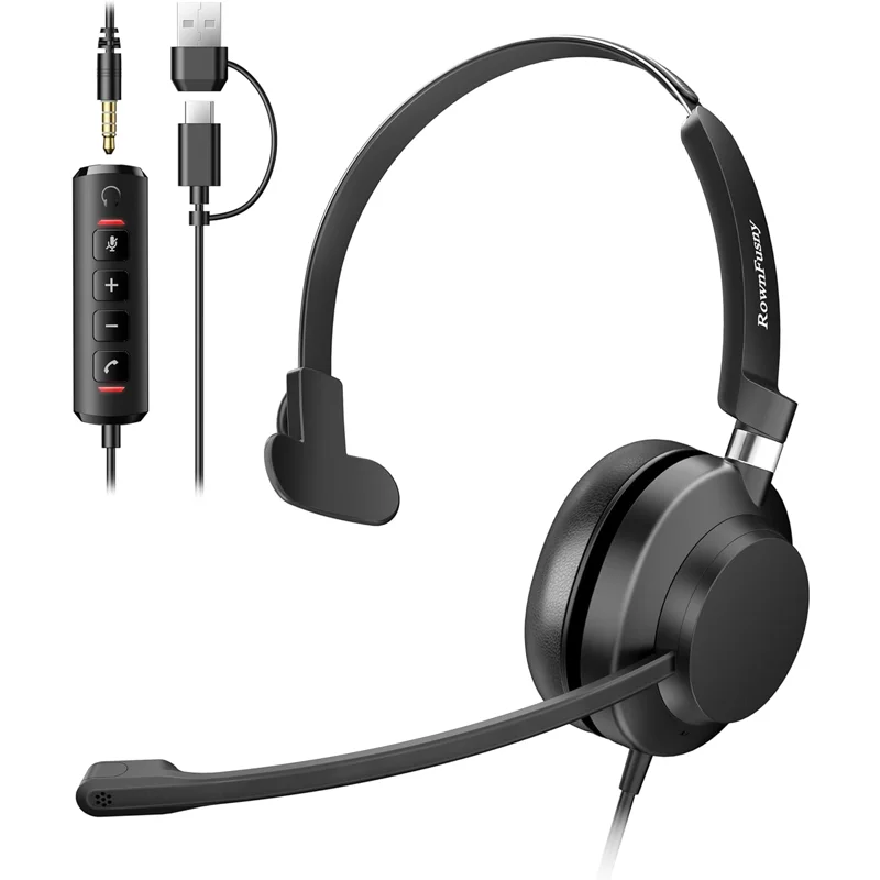 PC 및 노트북용 마이크가 있는 RownFusny USB 헤드셋 MS 팀, IP 전화, 업무, 줌, 스카이프용 소음 감소 기능이 있는 온이어 유선 헤드폰