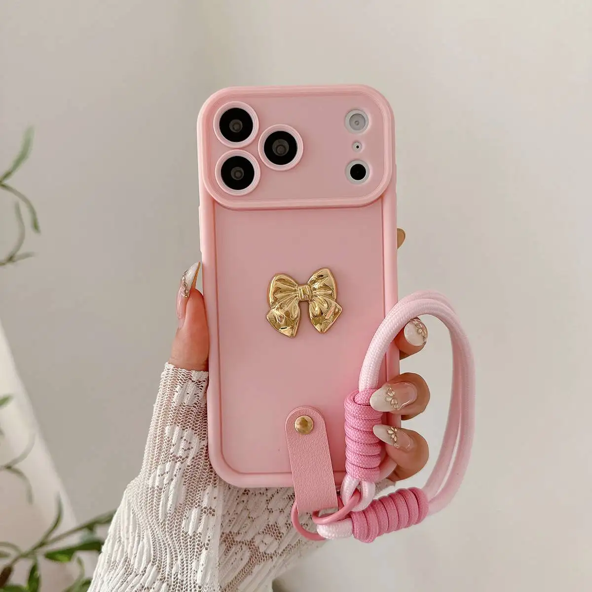 Golden Bow Strap Rope Phone Case with Enhanced Grip and Durability