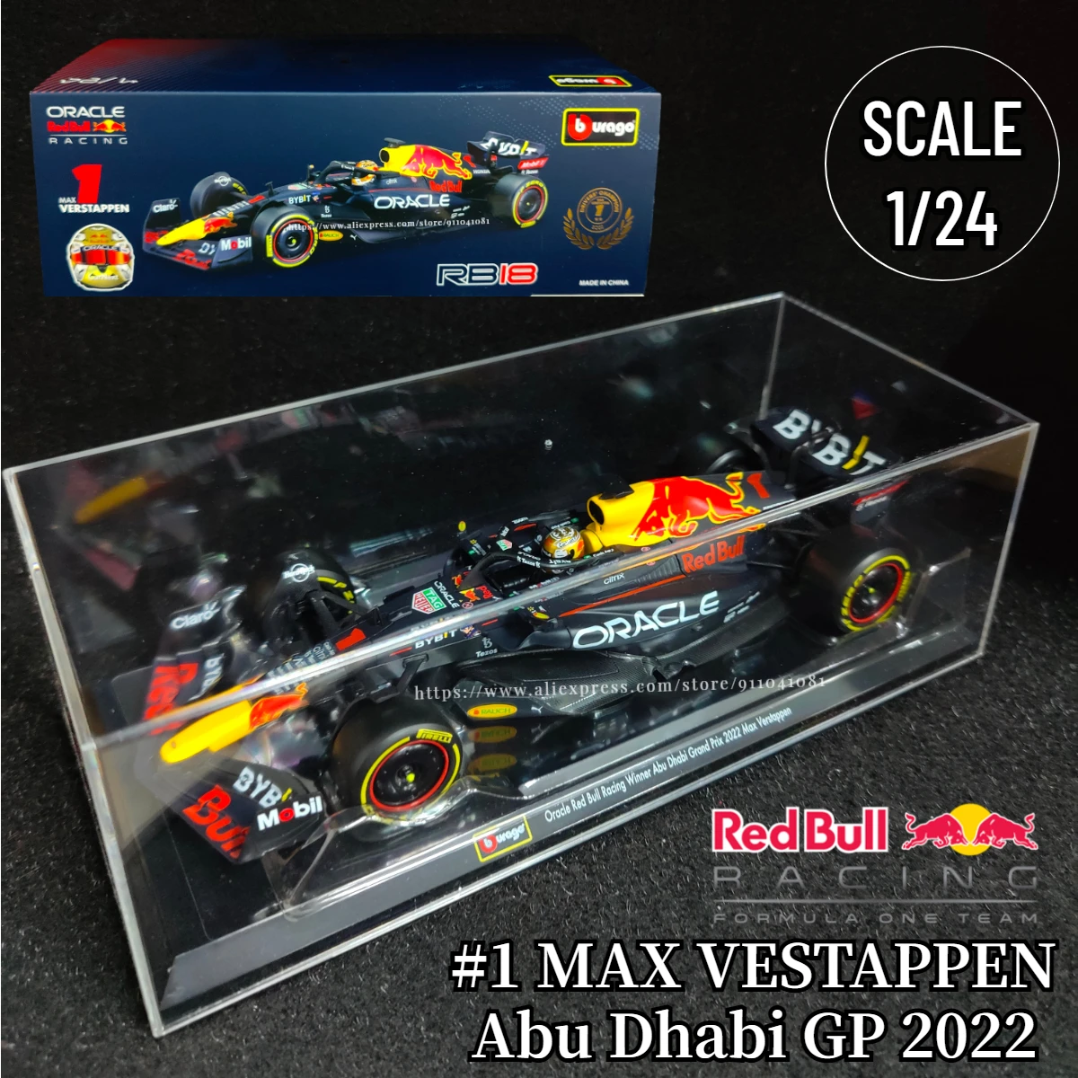 Bburago 1:24 Limited Edition RB18 Replica, F1 2022 Car Model with Showcase Helmet, Scale Red Bull Racing Formula 1 Miniature Toy bburago f1 red bull racing rb18 2022 1 11 1 43 scale alloy luxury vehicle diecast cars model toy collection christmas gift