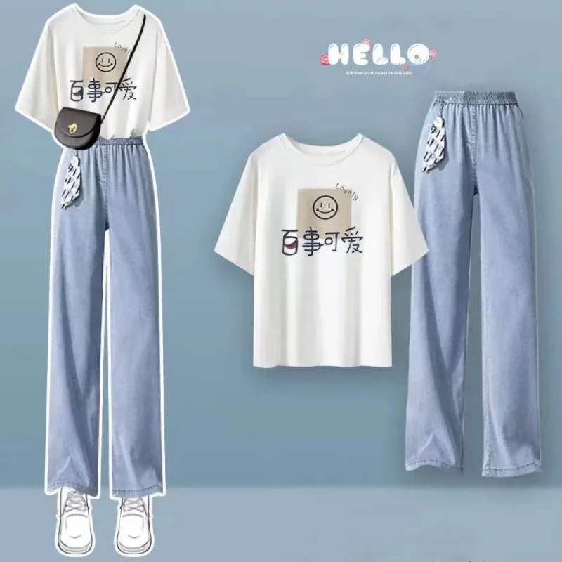 2024 Summer New Suit Women's Korean Version Loose Short Sleeve T-Shirt Wide-leg Jeans Fashion Two-Piece Set
