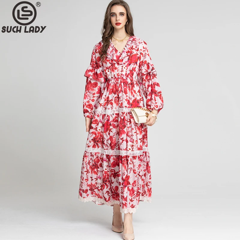 

Women's Runway Dresses V Neck Long Lantern Sleeves Printed Tiered Lace Piping Fashion Designer Maxi Dress